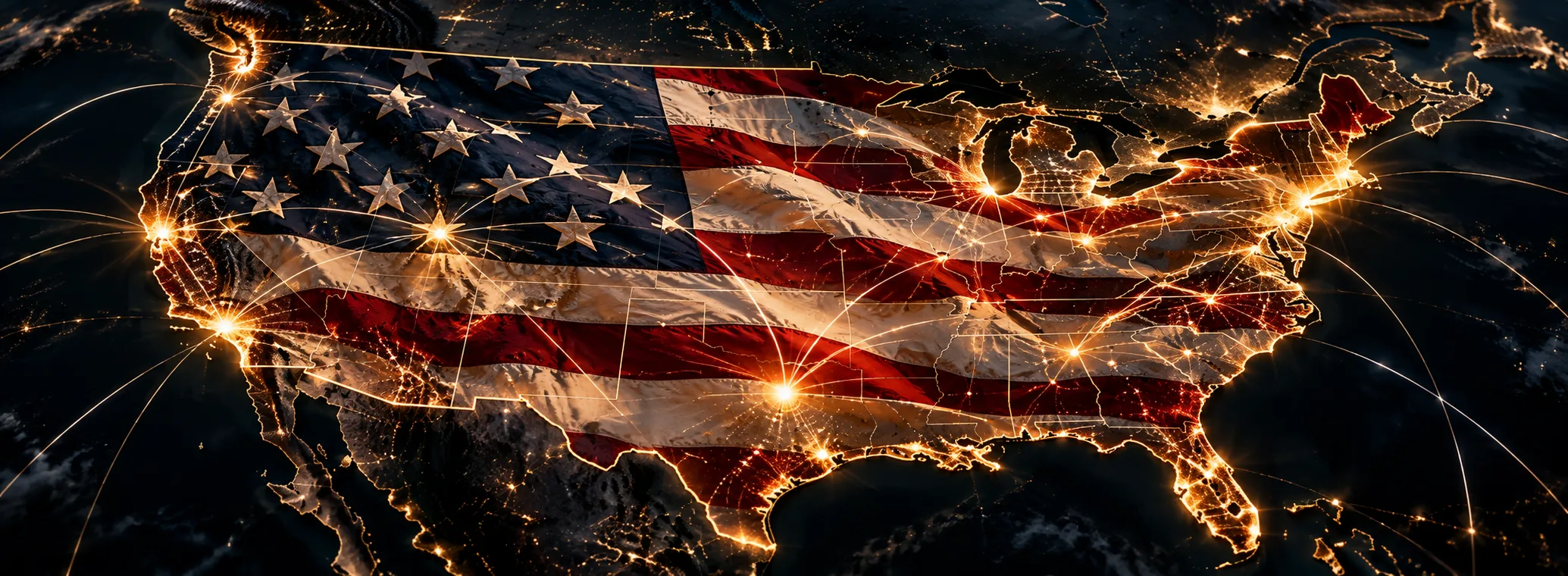 The United States, drawn as the flag and joined by lines of light.